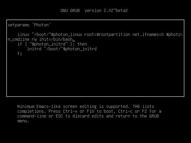 The modified GNU GRUB edit menu