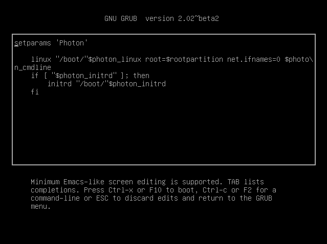 The GNU GRUB edit menu in Photon OS